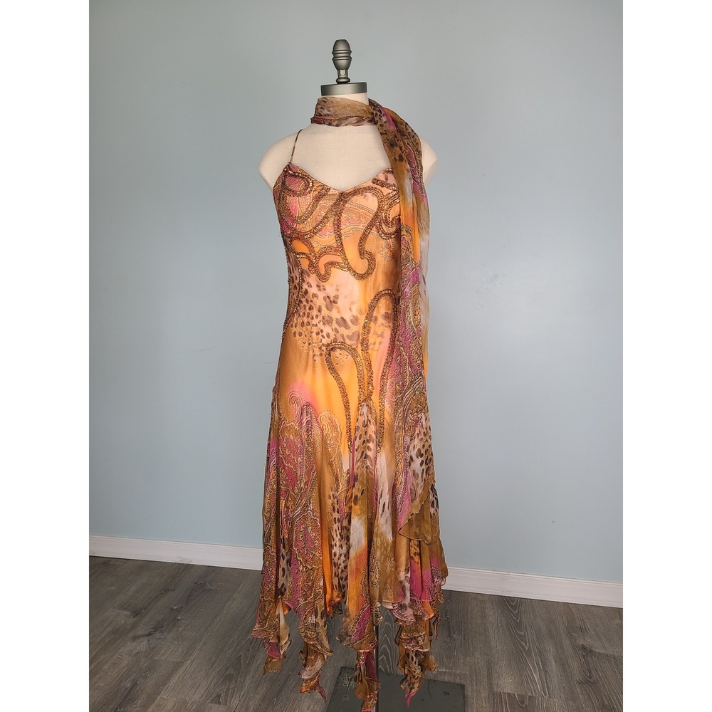 Y2K Alberto Makali Sz 4 100% Silk Dress Scarf Beaded Fairycore Whimsical Cheetah